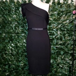 Women's Black Dress Size Large Stretch One Shoulder Slim Knee Length Zip